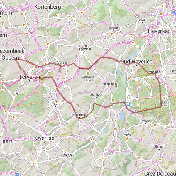 Miniature de la carte de l'inspiration cycliste "Exploration Gravel autour de Tervuren" dans la Prov. Vlaams-Brabant, Belgium. Générée par le planificateur d'itinéraire cycliste Tarmacs.app