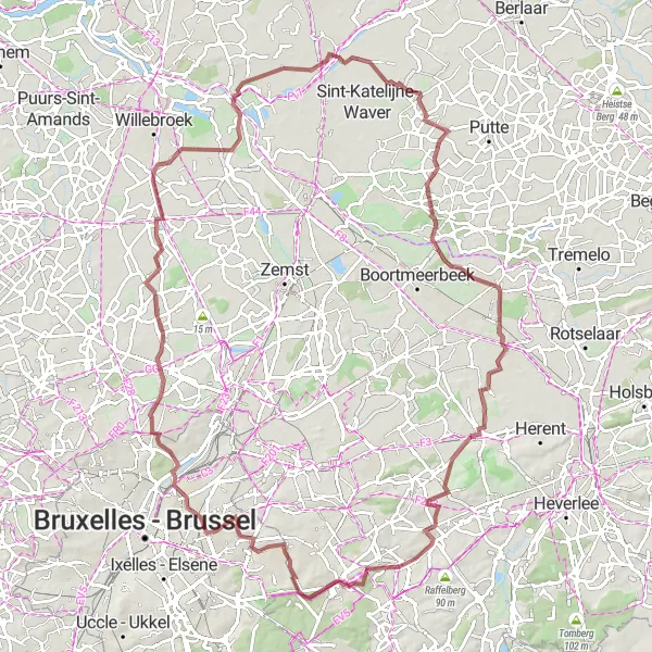 Miniatuurkaart van de fietsinspiratie "Lange gravelroute door het groene hart van België" in Prov. Vlaams-Brabant, Belgium. Gemaakt door de Tarmacs.app fietsrouteplanner