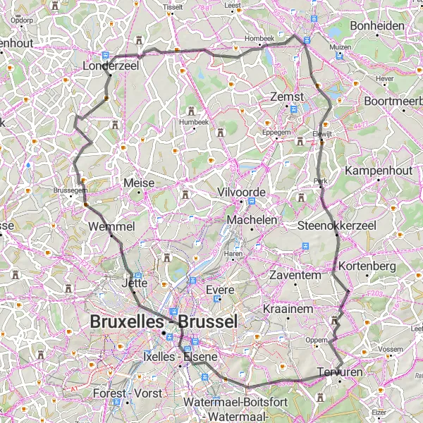 Miniature de la carte de l'inspiration cycliste "Boucle routière autour de Tervuren et Perk" dans la Prov. Vlaams-Brabant, Belgium. Générée par le planificateur d'itinéraire cycliste Tarmacs.app