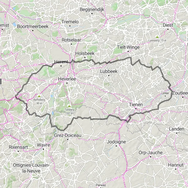 Miniature de la carte de l'inspiration cycliste "Les Collines Flamandes en Vélo de Route" dans la Prov. Vlaams-Brabant, Belgium. Générée par le planificateur d'itinéraire cycliste Tarmacs.app