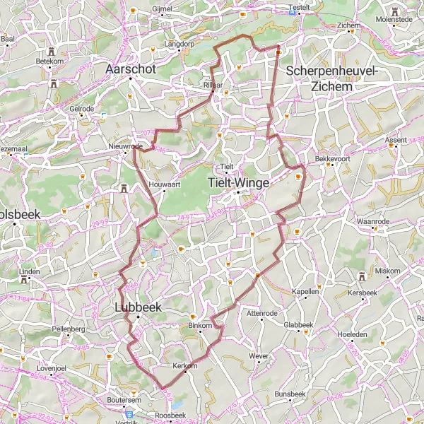 Miniatuurkaart van de fietsinspiratie "Gravelroute van Testelt naar Rillaar" in Prov. Vlaams-Brabant, Belgium. Gemaakt door de Tarmacs.app fietsrouteplanner