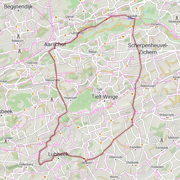 Map miniature of "The Keiberg and Kouterberg Gravel Route" cycling inspiration in Prov. Vlaams-Brabant, Belgium. Generated by Tarmacs.app cycling route planner