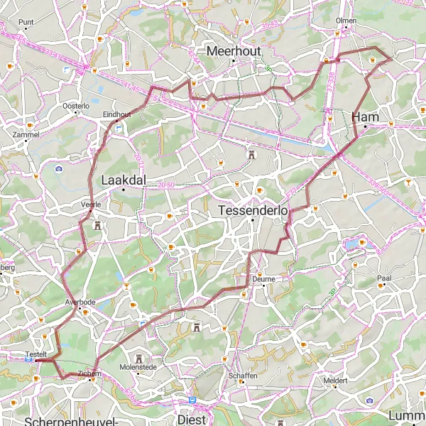 Miniature de la carte de l'inspiration cycliste "Parcours de Gravel autour de Testelt" dans la Prov. Vlaams-Brabant, Belgium. Générée par le planificateur d'itinéraire cycliste Tarmacs.app