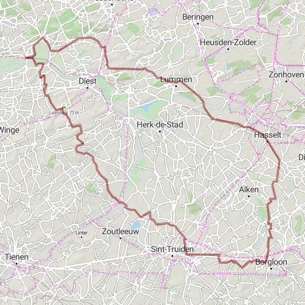 Map miniature of "The Engsbergen and Burcht van Loon Gravel Adventure" cycling inspiration in Prov. Vlaams-Brabant, Belgium. Generated by Tarmacs.app cycling route planner