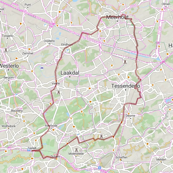 Karten-Miniaturansicht der Radinspiration "Gravel-Abenteuer durch Zichem" in Prov. Vlaams-Brabant, Belgium. Erstellt vom Tarmacs.app-Routenplaner für Radtouren