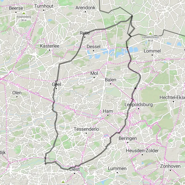 Map miniature of "The Veerle to Zichem Road Tour" cycling inspiration in Prov. Vlaams-Brabant, Belgium. Generated by Tarmacs.app cycling route planner