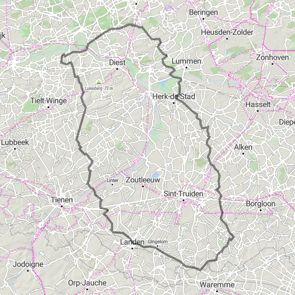 Map miniature of "The Road Warrior" cycling inspiration in Prov. Vlaams-Brabant, Belgium. Generated by Tarmacs.app cycling route planner