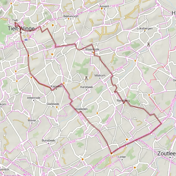 Miniature de la carte de l'inspiration cycliste "Aventure gravel autour de Tielt" dans la Prov. Vlaams-Brabant, Belgium. Générée par le planificateur d'itinéraire cycliste Tarmacs.app