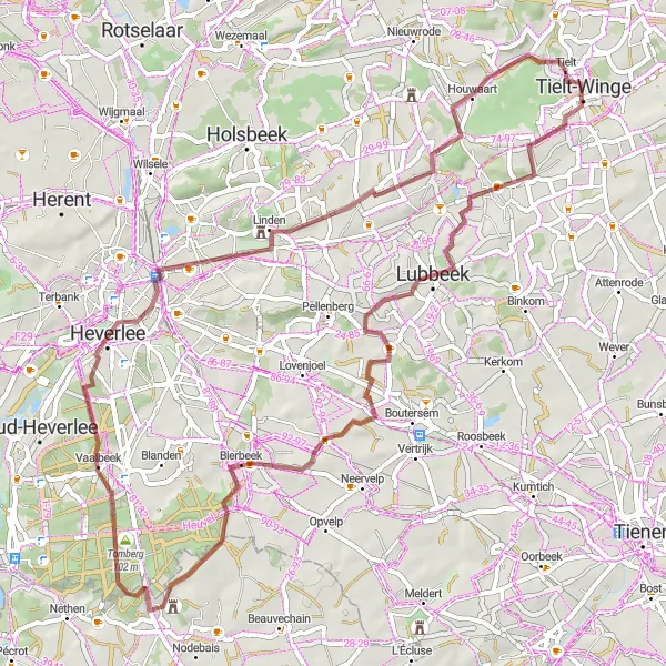Miniature de la carte de l'inspiration cycliste "Exploration des environs de Tielt-Winge" dans la Prov. Vlaams-Brabant, Belgium. Générée par le planificateur d'itinéraire cycliste Tarmacs.app