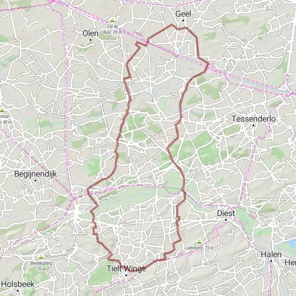 Map miniature of "Tielt Loop" cycling inspiration in Prov. Vlaams-Brabant, Belgium. Generated by Tarmacs.app cycling route planner