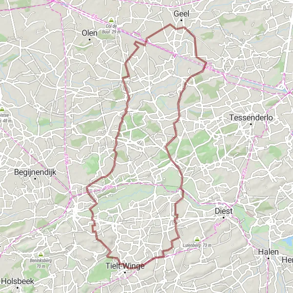 Miniatuurkaart van de fietsinspiratie "Gravelroute Tielt-Winge" in Prov. Vlaams-Brabant, Belgium. Gemaakt door de Tarmacs.app fietsrouteplanner