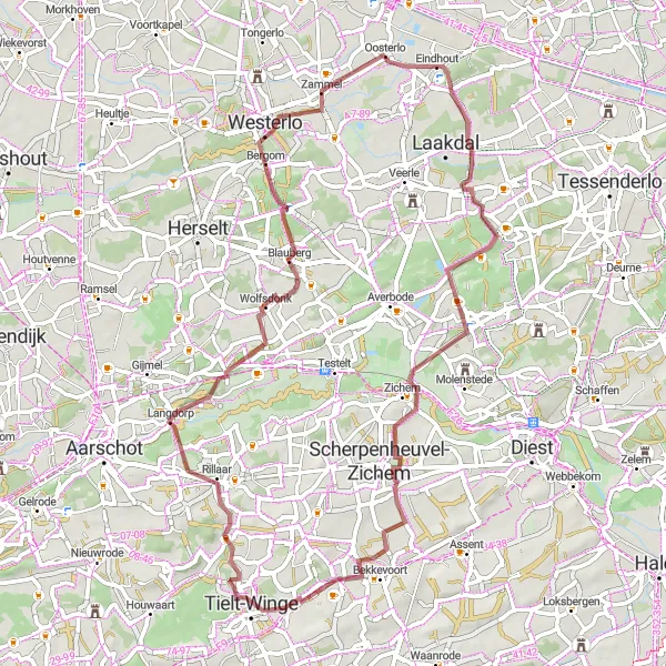Miniature de la carte de l'inspiration cycliste "Les charmes de Tielt-Winge" dans la Prov. Vlaams-Brabant, Belgium. Générée par le planificateur d'itinéraire cycliste Tarmacs.app