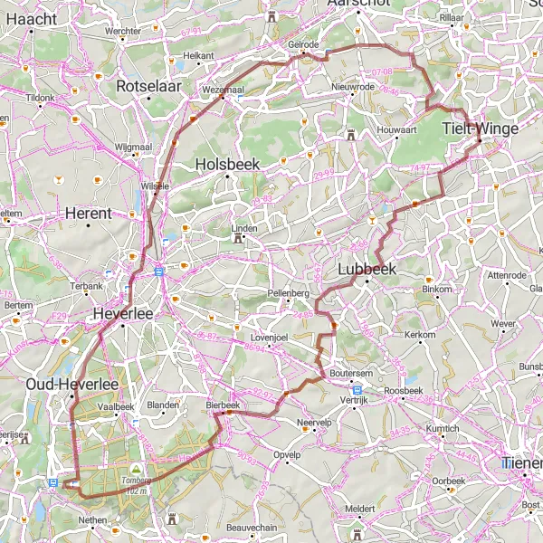 Miniature de la carte de l'inspiration cycliste "Les collines verdoyantes de Vlaams-Brabant" dans la Prov. Vlaams-Brabant, Belgium. Générée par le planificateur d'itinéraire cycliste Tarmacs.app