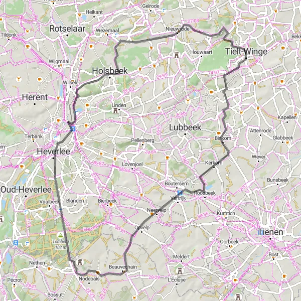 Miniature de la carte de l'inspiration cycliste "Le tour de Tielt et ses environs" dans la Prov. Vlaams-Brabant, Belgium. Générée par le planificateur d'itinéraire cycliste Tarmacs.app