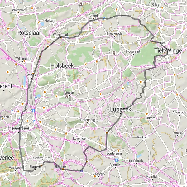 Miniature de la carte de l'inspiration cycliste "Défi cycliste autour de Sint-Joris-Winge" dans la Prov. Vlaams-Brabant, Belgium. Générée par le planificateur d'itinéraire cycliste Tarmacs.app
