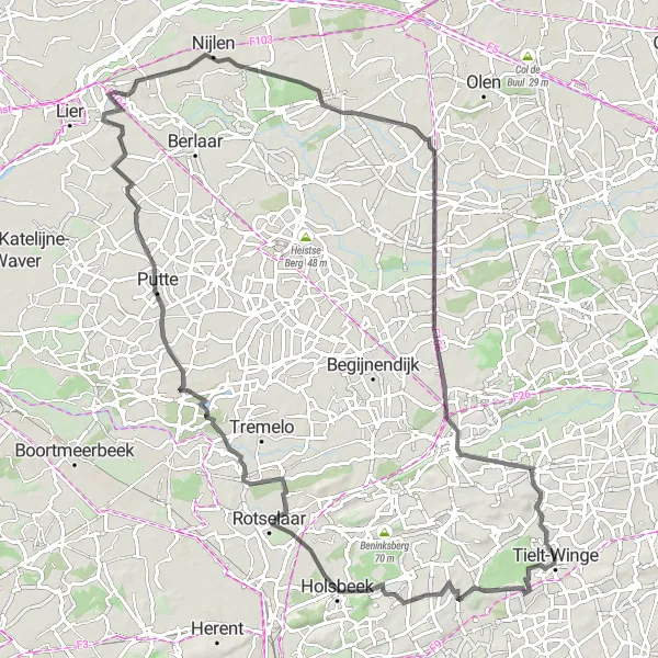 Miniature de la carte de l'inspiration cycliste "Parcours panoramique autour de Tielt" dans la Prov. Vlaams-Brabant, Belgium. Générée par le planificateur d'itinéraire cycliste Tarmacs.app