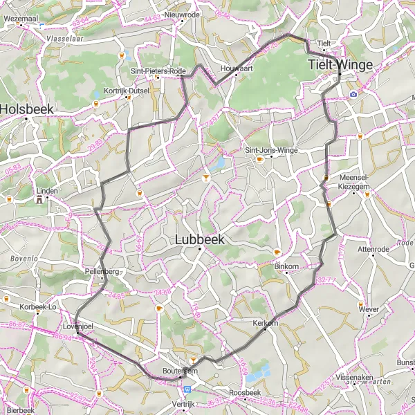 Miniature de la carte de l'inspiration cycliste "Boucle pittoresque autour de Kiezegem" dans la Prov. Vlaams-Brabant, Belgium. Générée par le planificateur d'itinéraire cycliste Tarmacs.app