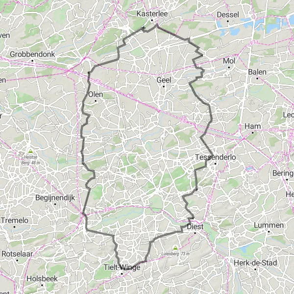 Miniature de la carte de l'inspiration cycliste "La découverte de l'arrière-pays flamand" dans la Prov. Vlaams-Brabant, Belgium. Générée par le planificateur d'itinéraire cycliste Tarmacs.app
