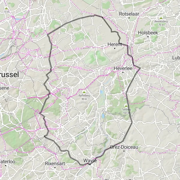 Miniatuurkaart van de fietsinspiratie "Uitdagende wegtocht door Vlaams-Brabant" in Prov. Vlaams-Brabant, Belgium. Gemaakt door de Tarmacs.app fietsrouteplanner