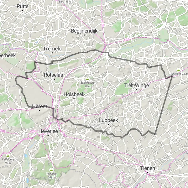 Map miniature of "Betekom - Herent Road Tour" cycling inspiration in Prov. Vlaams-Brabant, Belgium. Generated by Tarmacs.app cycling route planner