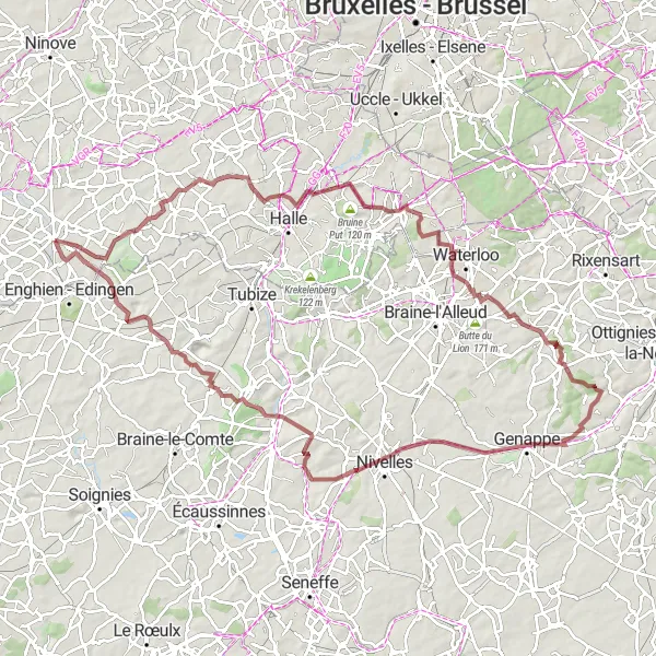 Miniatuurkaart van de fietsinspiratie "Gravelroute Tollembeek - Genappe - Tollembeek" in Prov. Vlaams-Brabant, Belgium. Gemaakt door de Tarmacs.app fietsrouteplanner