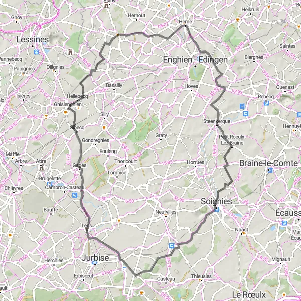 Miniature de la carte de l'inspiration cycliste "Boucle de Soignies" dans la Prov. Vlaams-Brabant, Belgium. Générée par le planificateur d'itinéraire cycliste Tarmacs.app