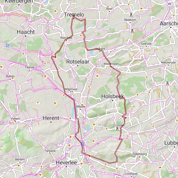 Karten-Miniaturansicht der Radinspiration "Gravel Tour durch das Hinterland von Tremelo" in Prov. Vlaams-Brabant, Belgium. Erstellt vom Tarmacs.app-Routenplaner für Radtouren