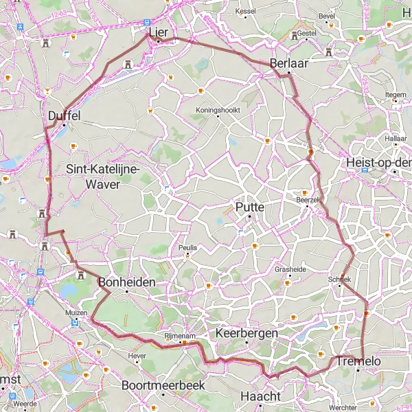 Miniatuurkaart van de fietsinspiratie "Rustgevende Gravel Route" in Prov. Vlaams-Brabant, Belgium. Gemaakt door de Tarmacs.app fietsrouteplanner