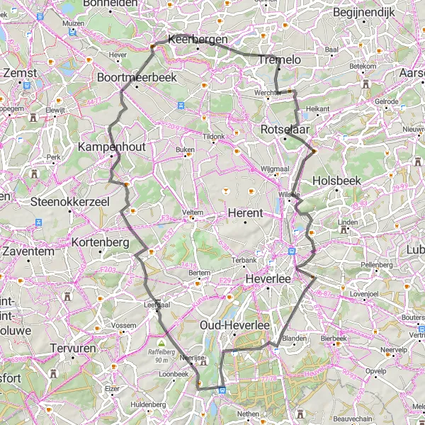 Karten-Miniaturansicht der Radinspiration "Schlossrunde rund um Tremelo" in Prov. Vlaams-Brabant, Belgium. Erstellt vom Tarmacs.app-Routenplaner für Radtouren