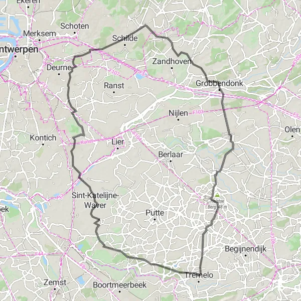 Map miniature of "The Best of Vlaams-Brabant: Tremelo to Grootlo" cycling inspiration in Prov. Vlaams-Brabant, Belgium. Generated by Tarmacs.app cycling route planner