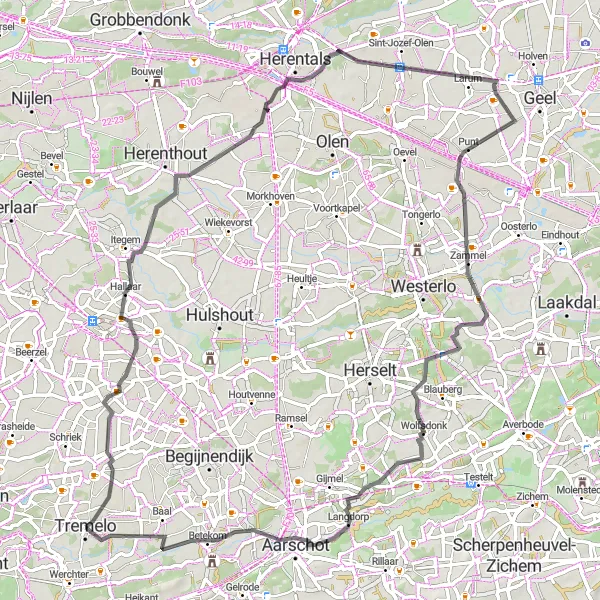 Miniature de la carte de l'inspiration cycliste "Escapade pittoresque autour de Tremelo" dans la Prov. Vlaams-Brabant, Belgium. Générée par le planificateur d'itinéraire cycliste Tarmacs.app