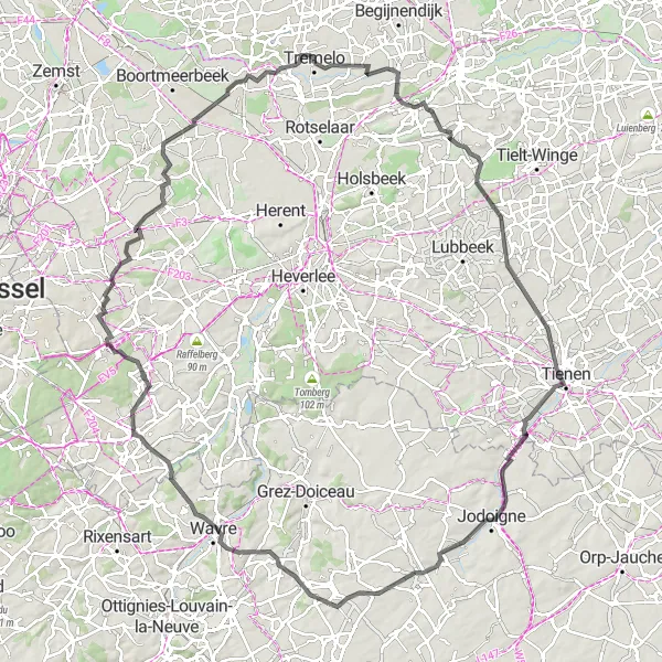 Map miniature of "From Gelrode to Incourt: Nature's Path" cycling inspiration in Prov. Vlaams-Brabant, Belgium. Generated by Tarmacs.app cycling route planner