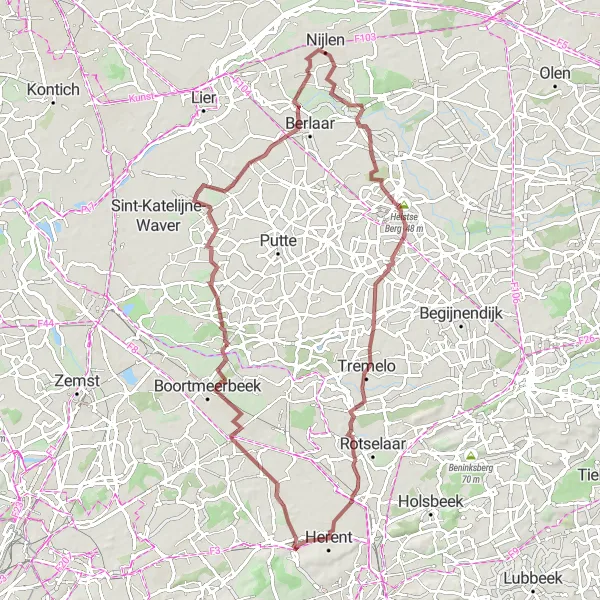 Miniature de la carte de l'inspiration cycliste "Le Circuit des Châteaux et des Tours" dans la Prov. Vlaams-Brabant, Belgium. Générée par le planificateur d'itinéraire cycliste Tarmacs.app