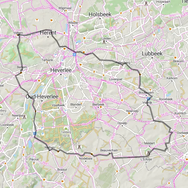 Miniatuurkaart van de fietsinspiratie "Rondrit Veltem-Beisem naar Bertem en terug" in Prov. Vlaams-Brabant, Belgium. Gemaakt door de Tarmacs.app fietsrouteplanner