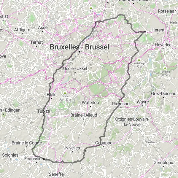 Miniatuurkaart van de fietsinspiratie "Tocht door Sint-Pieters-Leeuw en Berg" in Prov. Vlaams-Brabant, Belgium. Gemaakt door de Tarmacs.app fietsrouteplanner