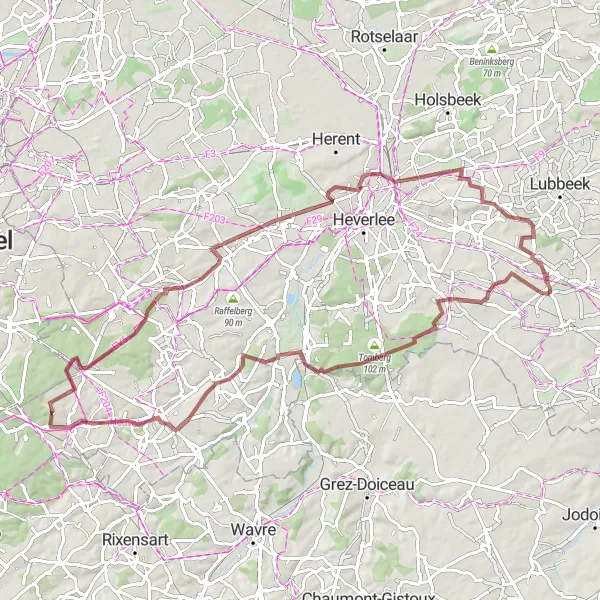 Miniatuurkaart van de fietsinspiratie "Gravelroute naar Bertem en Pellenberg" in Prov. Vlaams-Brabant, Belgium. Gemaakt door de Tarmacs.app fietsrouteplanner