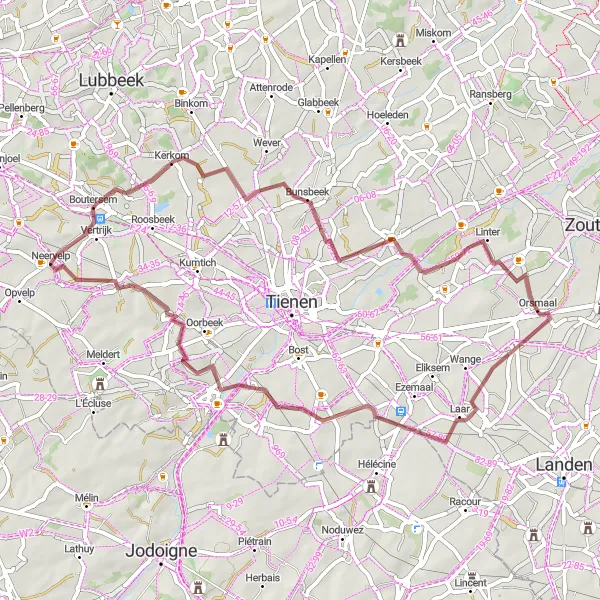 Map miniature of "Vertrijk to Vertrijk via Rommersom-Oros.l-bei-Sf-d Maatj-Bering l-Ho verh-SprLi." cycling inspiration in Prov. Vlaams-Brabant, Belgium. Generated by Tarmacs.app cycling route planner