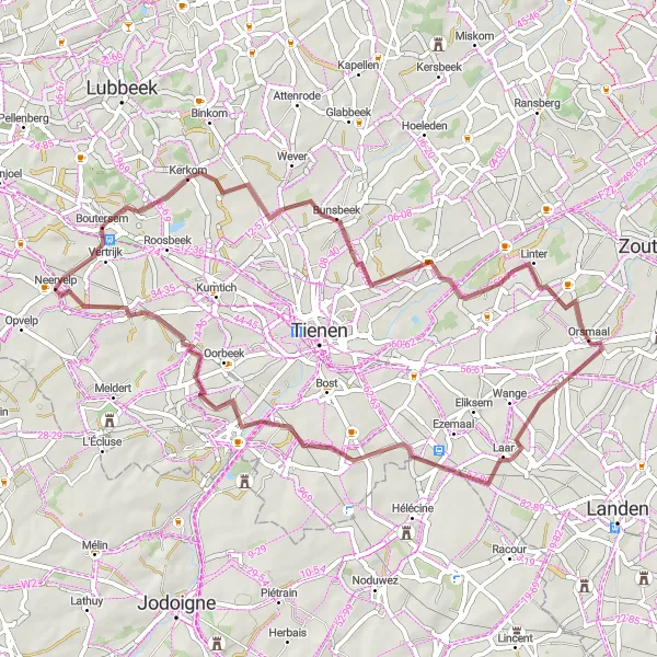 Miniatuurkaart van de fietsinspiratie "Gravelroute via Oplinter en Rommersom" in Prov. Vlaams-Brabant, Belgium. Gemaakt door de Tarmacs.app fietsrouteplanner