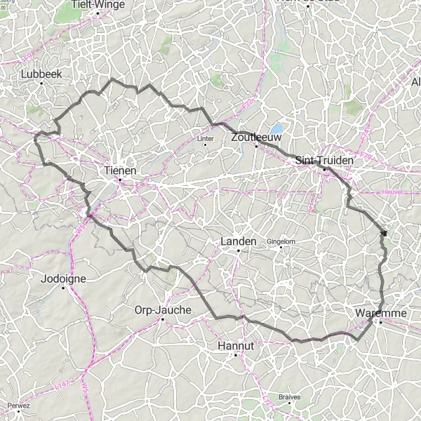 Karten-Miniaturansicht der Radinspiration "Glabbeek - Avernas-le-Bauduin Tour" in Prov. Vlaams-Brabant, Belgium. Erstellt vom Tarmacs.app-Routenplaner für Radtouren