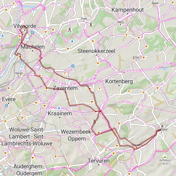 Miniatuurkaart van de fietsinspiratie "Nossegem naar Zaventem via Vossem" in Prov. Vlaams-Brabant, Belgium. Gemaakt door de Tarmacs.app fietsrouteplanner