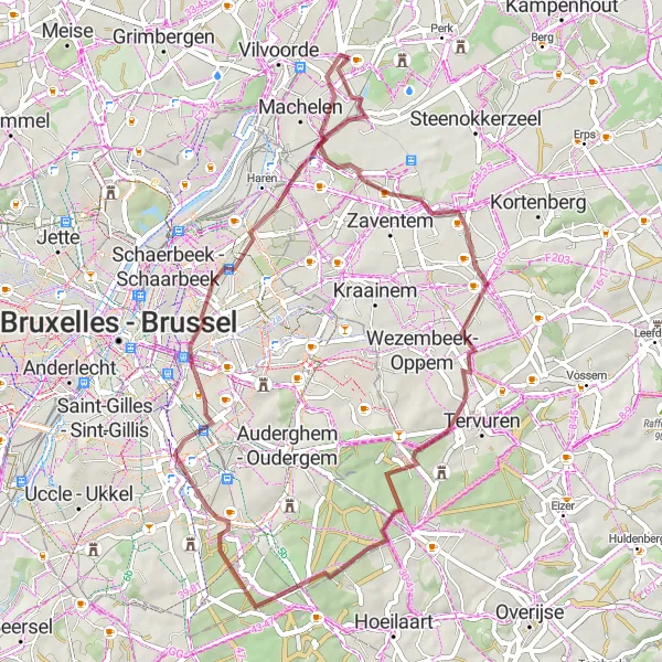 Map miniature of "Peutie to Diegem Scenic Gravel Route" cycling inspiration in Prov. Vlaams-Brabant, Belgium. Generated by Tarmacs.app cycling route planner