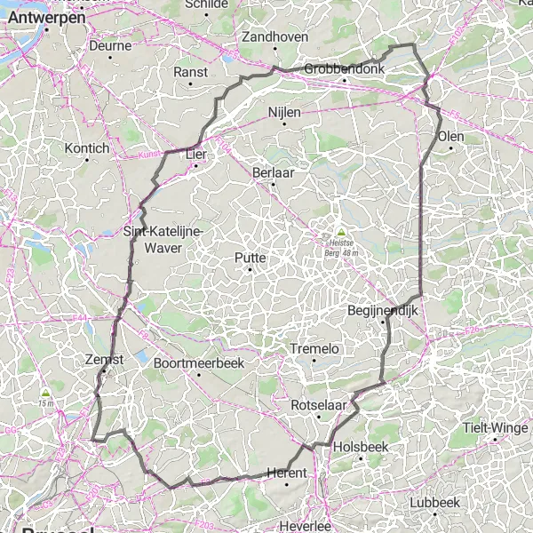 Miniature de la carte de l'inspiration cycliste "Parcours cyclable sur route à travers la Campine" dans la Prov. Vlaams-Brabant, Belgium. Générée par le planificateur d'itinéraire cycliste Tarmacs.app