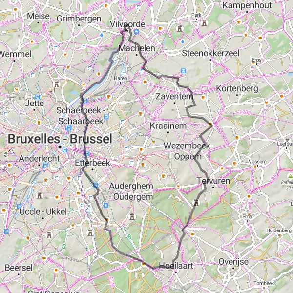 Karten-Miniaturansicht der Radinspiration "Rund um Vilvoorde - Straßenfahrt" in Prov. Vlaams-Brabant, Belgium. Erstellt vom Tarmacs.app-Routenplaner für Radtouren