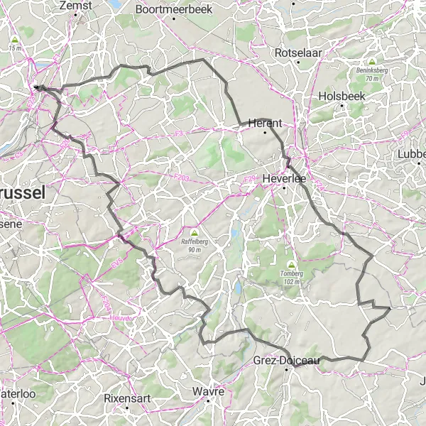 Map miniature of "Vilvoorde to Diegem Loop" cycling inspiration in Prov. Vlaams-Brabant, Belgium. Generated by Tarmacs.app cycling route planner