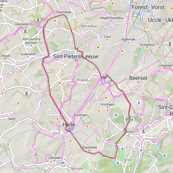 Map miniature of "Gravel Route from Vlezenbeek to Sint-Pieters-Leeuw" cycling inspiration in Prov. Vlaams-Brabant, Belgium. Generated by Tarmacs.app cycling route planner