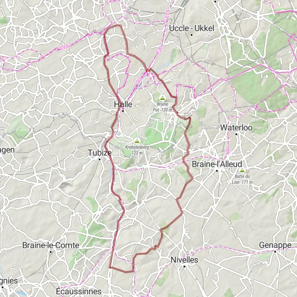 Miniatuurkaart van de fietsinspiratie "Gravelroute Vlezenbeek - Ronquières" in Prov. Vlaams-Brabant, Belgium. Gemaakt door de Tarmacs.app fietsrouteplanner