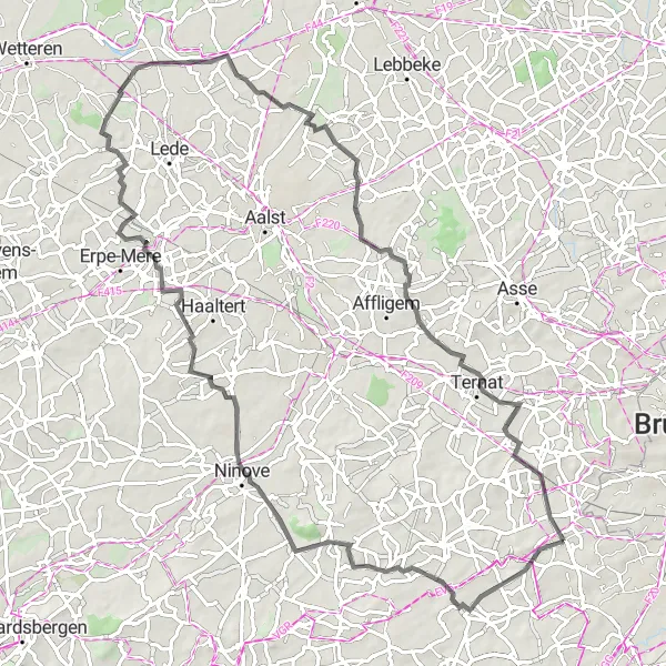 Map miniature of "Vlezenbeek - Gooik Loop" cycling inspiration in Prov. Vlaams-Brabant, Belgium. Generated by Tarmacs.app cycling route planner