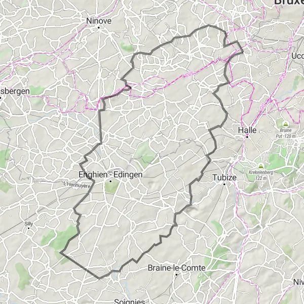 Map miniature of "Vlezenbeek - Gaasbeek Castle Loop" cycling inspiration in Prov. Vlaams-Brabant, Belgium. Generated by Tarmacs.app cycling route planner