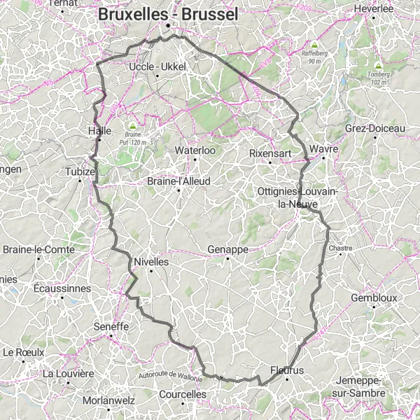 Karten-Miniaturansicht der Radinspiration "Hügelige Rundtour durch Ottignies-Louvain-la-Neuve" in Prov. Vlaams-Brabant, Belgium. Erstellt vom Tarmacs.app-Routenplaner für Radtouren