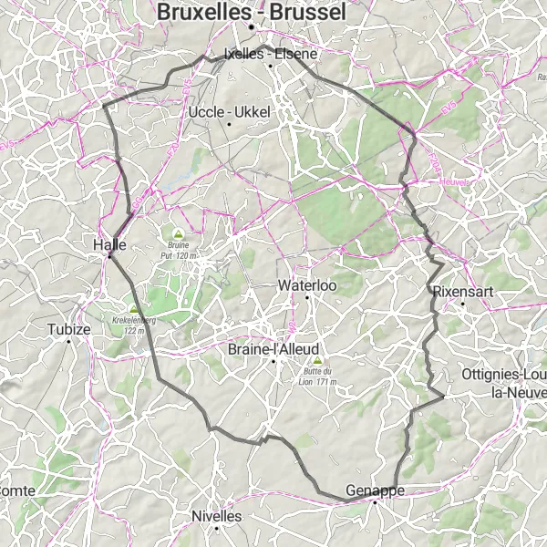 Map miniature of "Vlezenbeek Roundtrip" cycling inspiration in Prov. Vlaams-Brabant, Belgium. Generated by Tarmacs.app cycling route planner